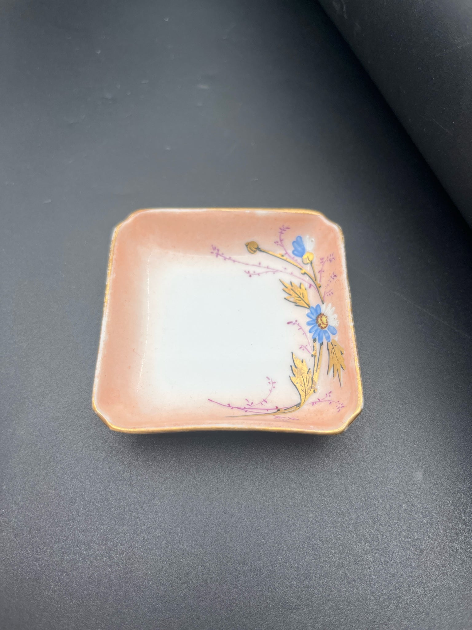 Vintage Hand-Painted Butter Pat – Floral & Gilt Square Porcelain