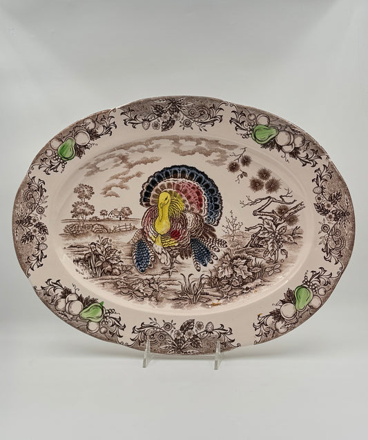 Vintage Japan Ceramic Turkey Platter – Hand-Painted Multicolor Thanksgiving Dish