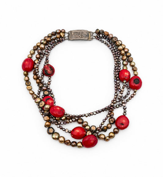 Multi Strand Pearl And Red Stone Necklace With Sterling Clasp