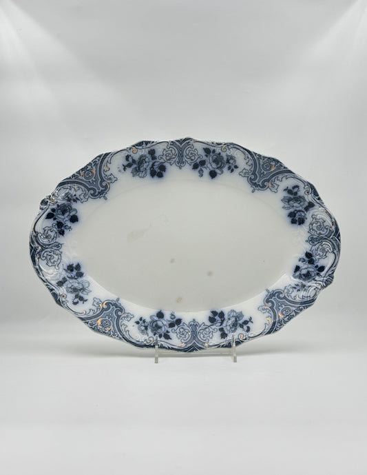 Antique English Ironstone Platter – “Albion” Blue & White Floral Scroll Design