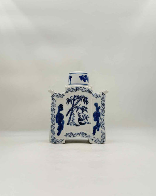 Vintage Chinese Blue Porcelain Panda Bamboo Tea Caddy Lid Storage Jar