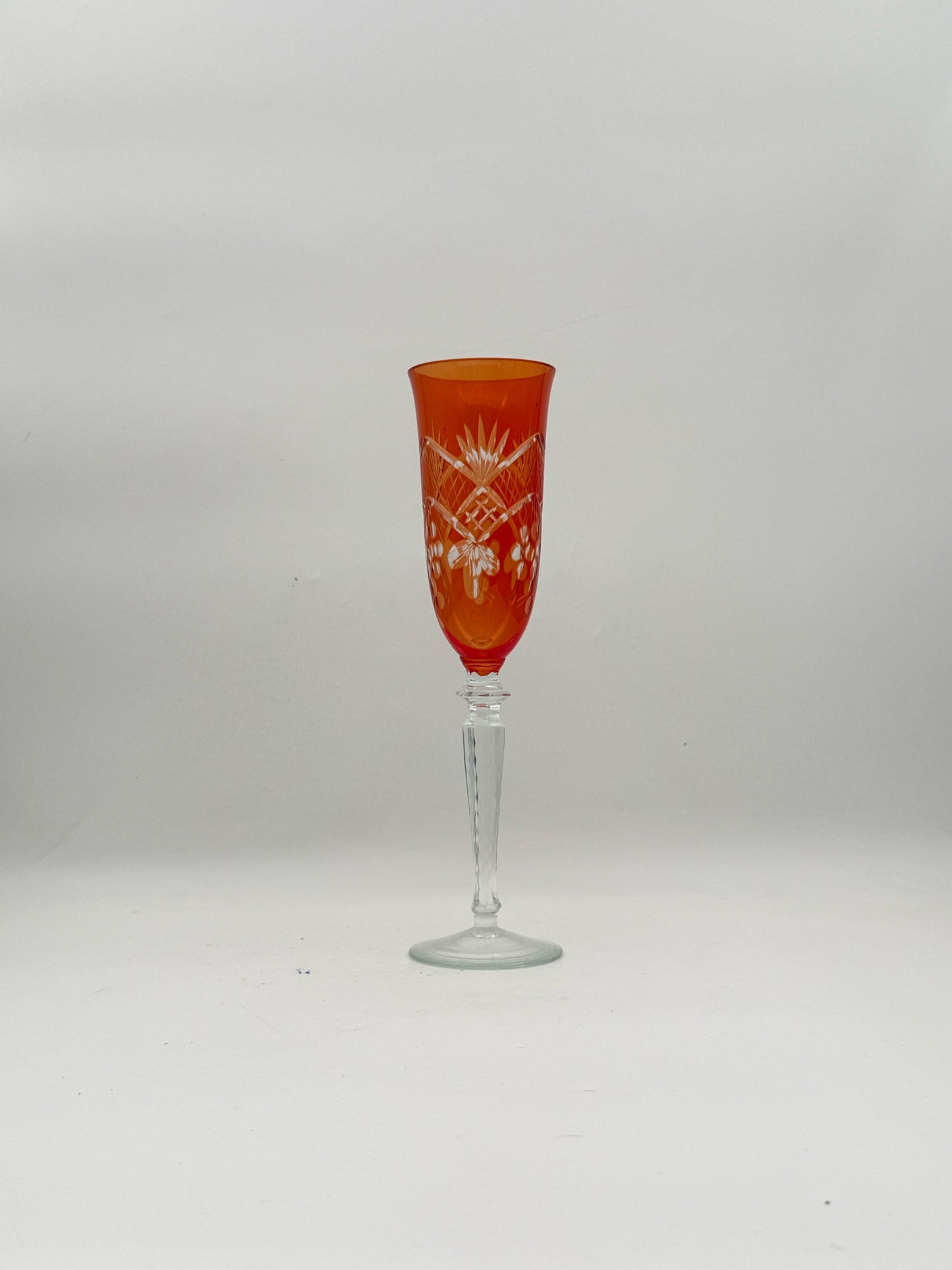 Antique Bohemian Multi-Color Cut To Clear Champagne Flutes- Set Of 8
