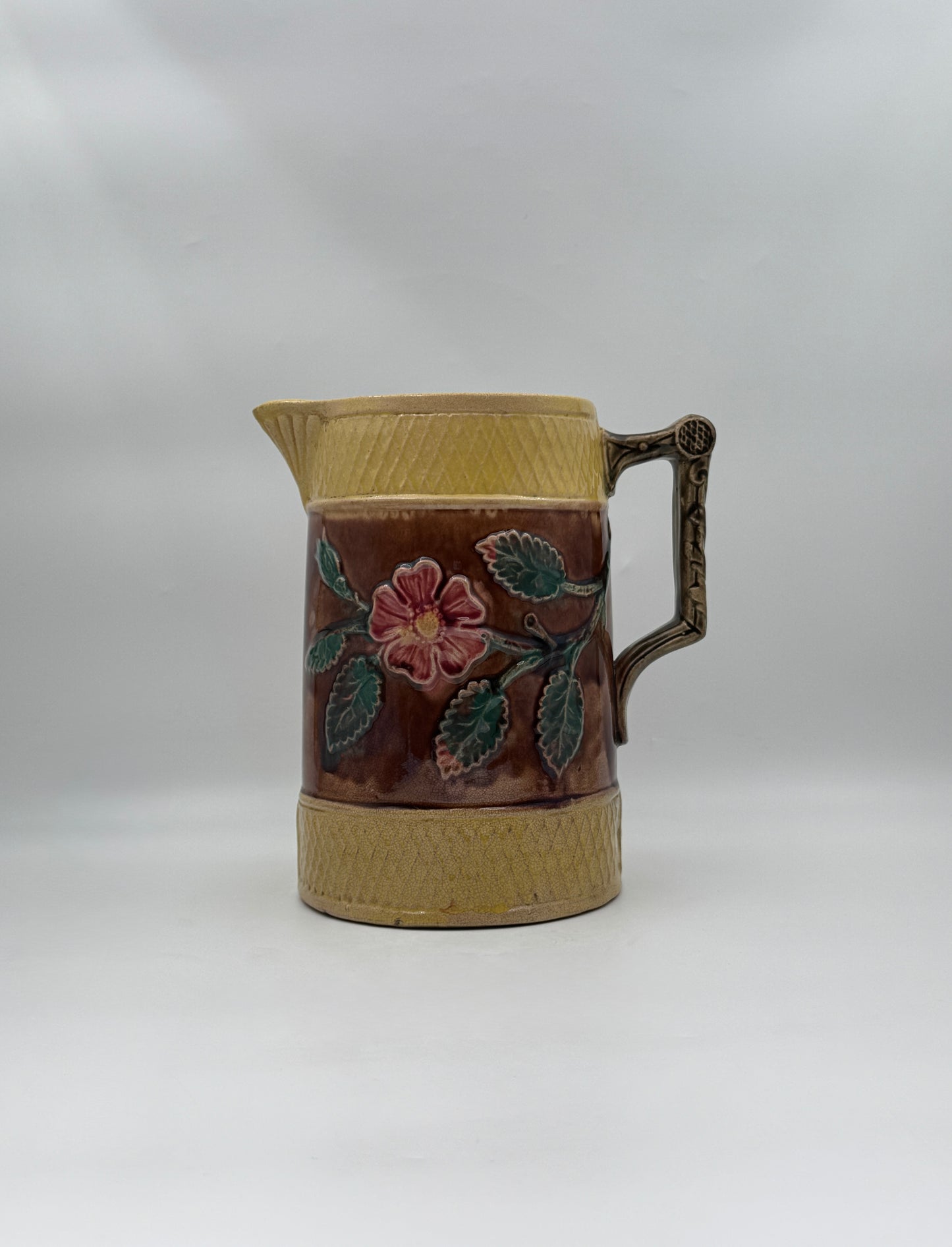 Majolica Pitcher – Brown & Gold with Floral Relief