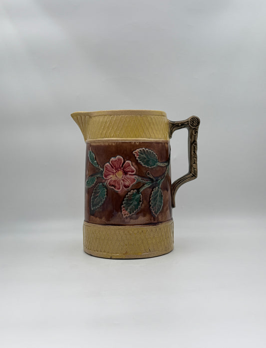 Majolica Pitcher – Brown & Gold with Floral Relief