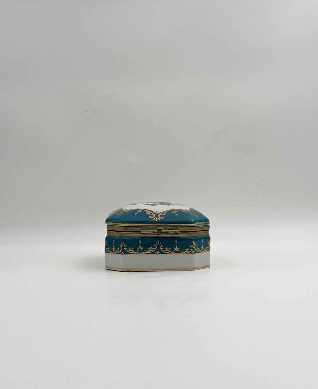 Vintage Octagonal Turquoise Floral Porcelain Trinket Box Gold Trim