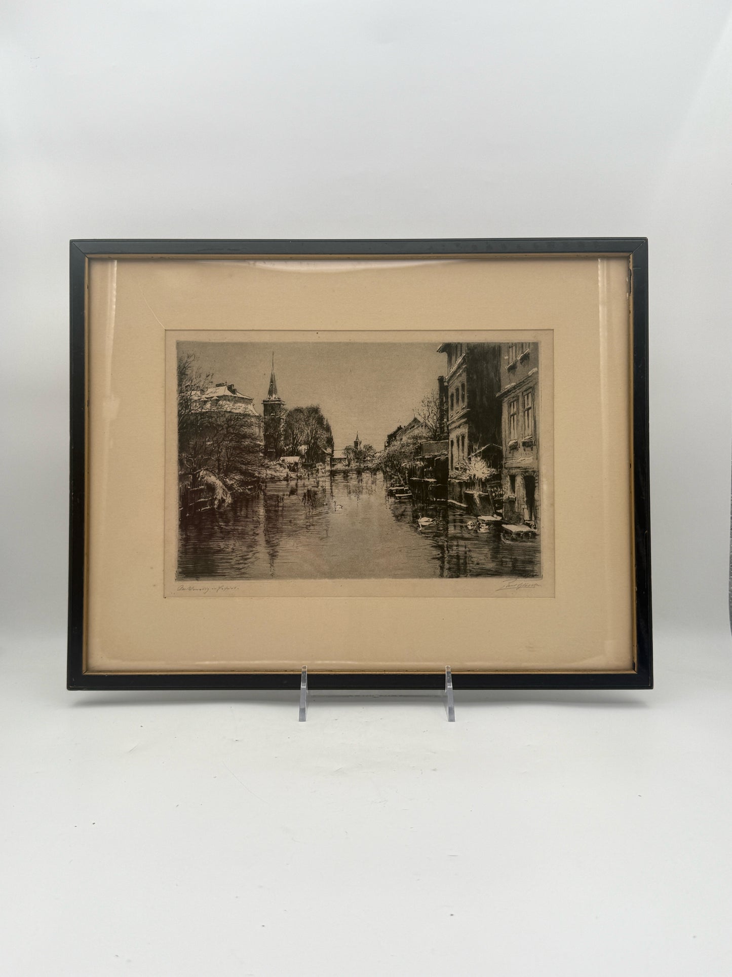 Vintage Framed Etching Of A Winter European Canal Scene