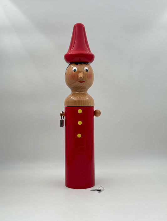 Large Italian Wooden  Pinocchio Coin Bank – With Lock and Key