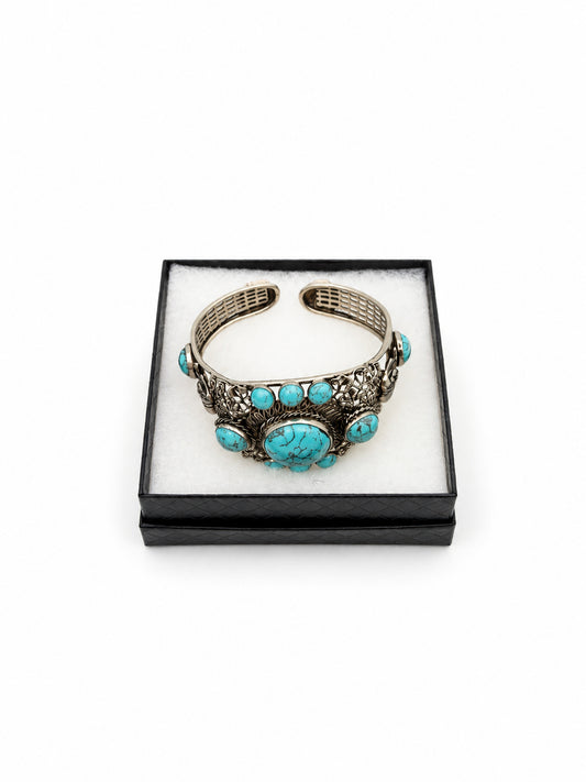 Vintage Turquoise Color Stone Silver Stone Cuff Bracelet