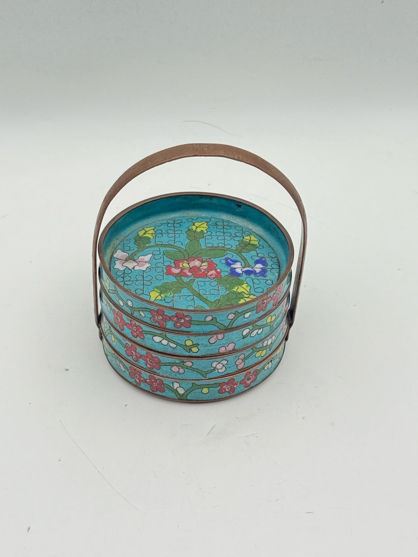 Vintage Cloisonne Coasters With Caddy