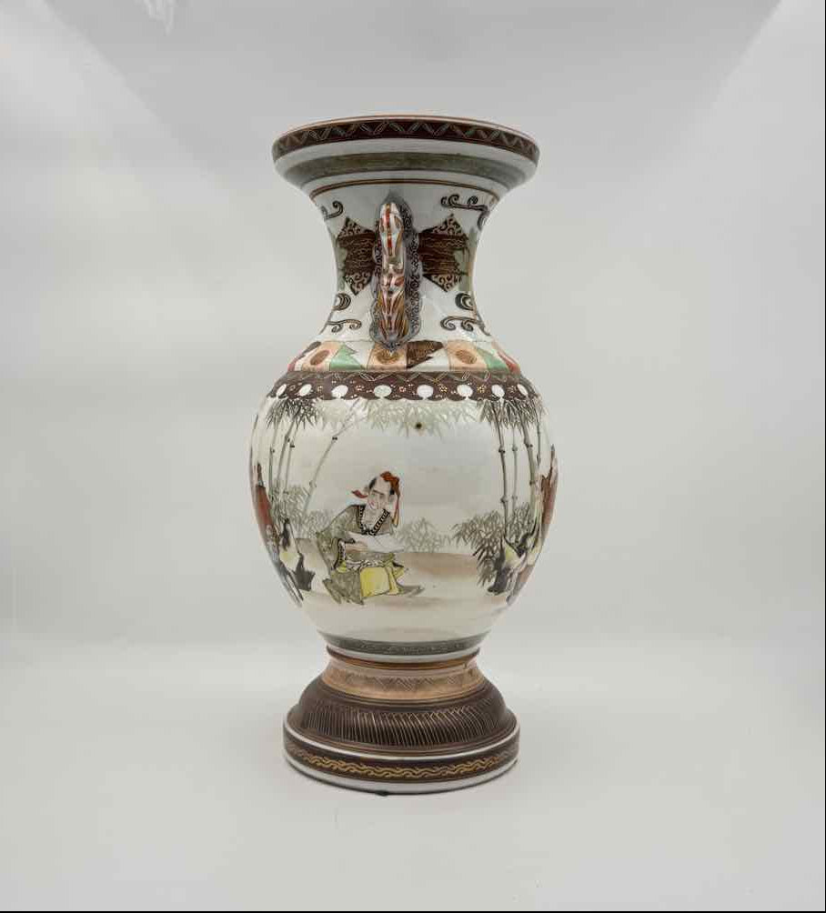 Vintage Chinese Porcelain Vase with Handles Brown Gold Bamboo Scene