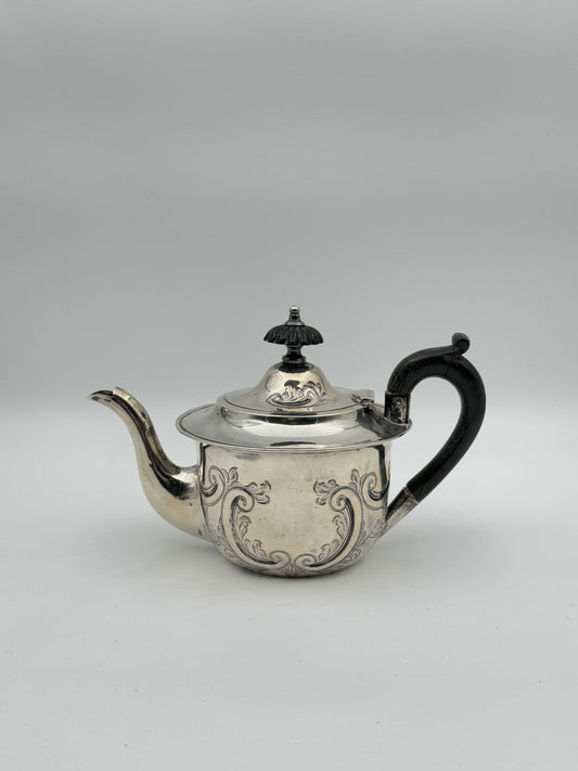 19th Century English Sterling Silver Teapot – Hand-Engraved, Ebony Handle