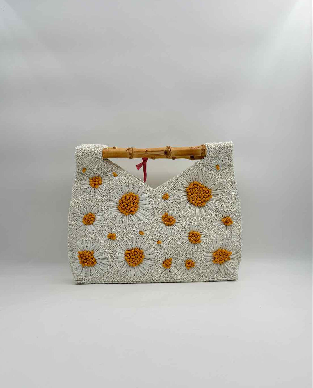 Hand Beaded Daisy Purse Handbag Bamboo Handle Floral Evening Bag