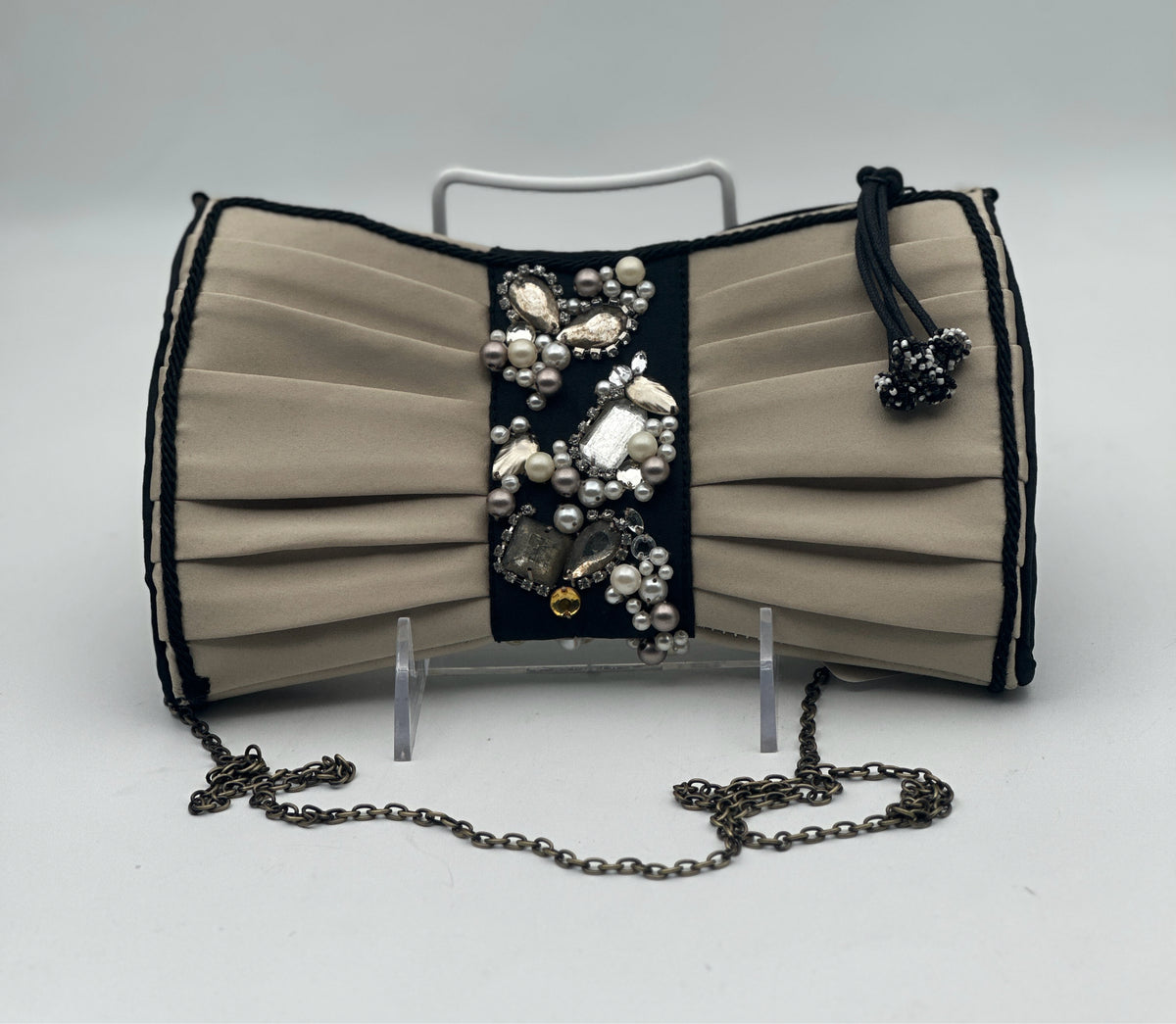 Mary Frances Black And Cream Satin Shoulder Purse With Rhinestones