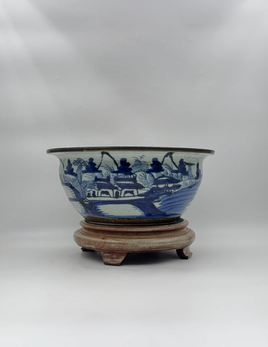 Chinese Blue & White Porcelain Bowl with Brown Rim on Wooden Stand