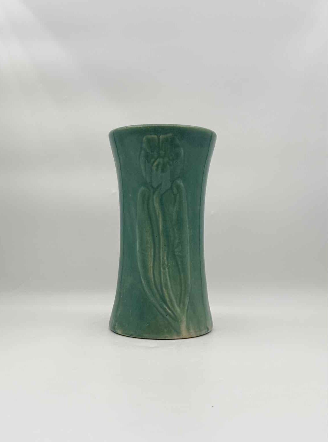 Vintage Zanesville Stoneware Iris Vase Teal Green Arts Crafts Pottery