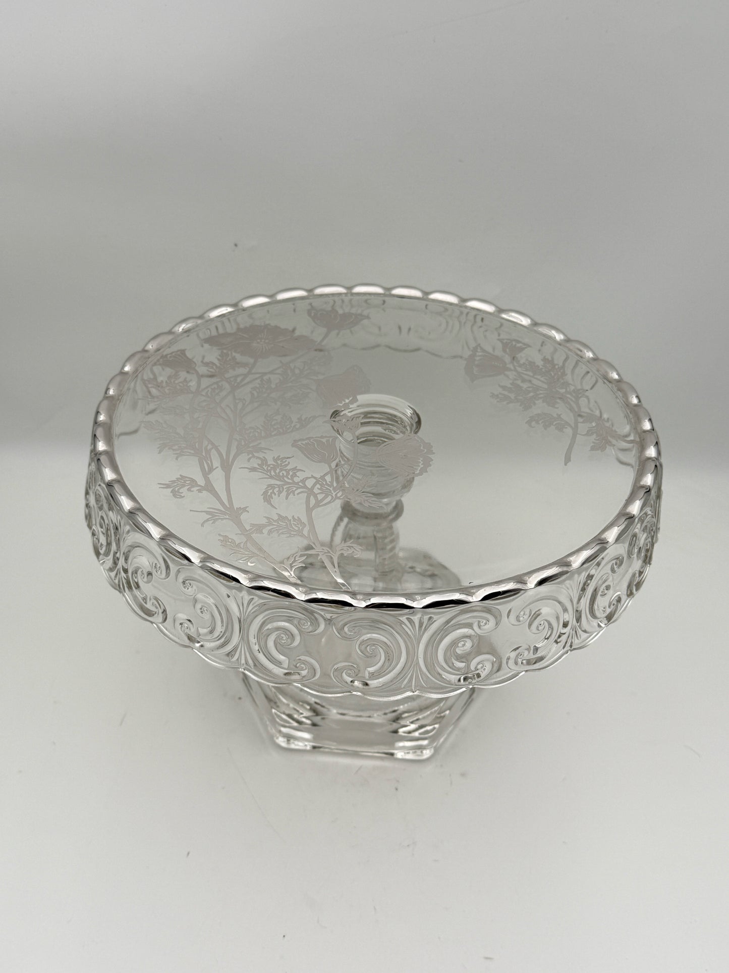 Vintage Glass Pedestal Cake Stand With Silver Poppies