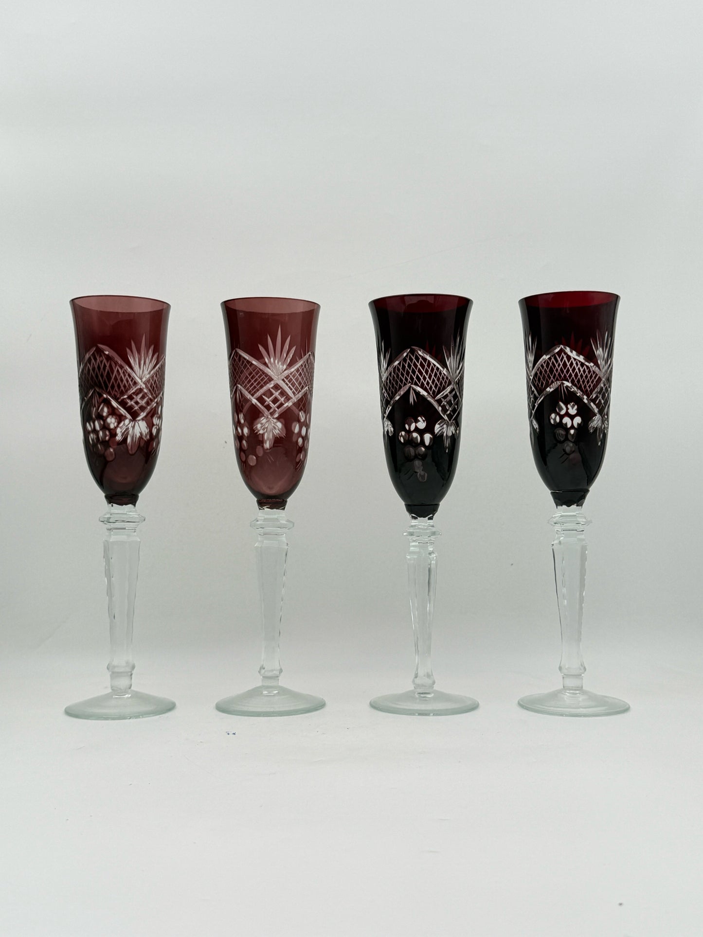 Antique Bohemian Multi-Color Cut To Clear Champagne Flutes- Set Of 8
