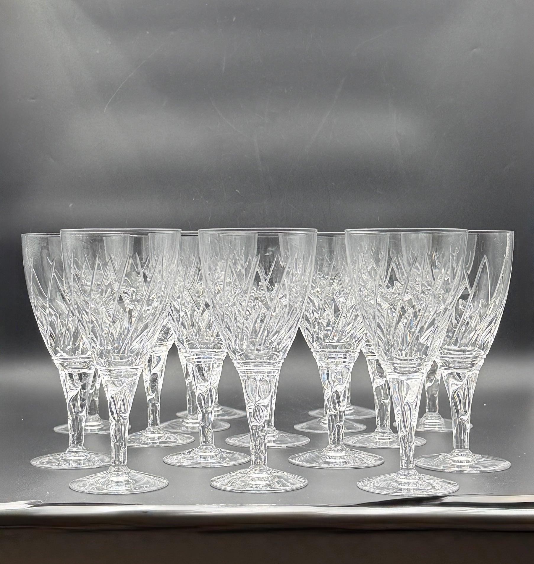 Set of 16 Stuart Crystal Water Goblets – Honeysuckle Pattern, England
