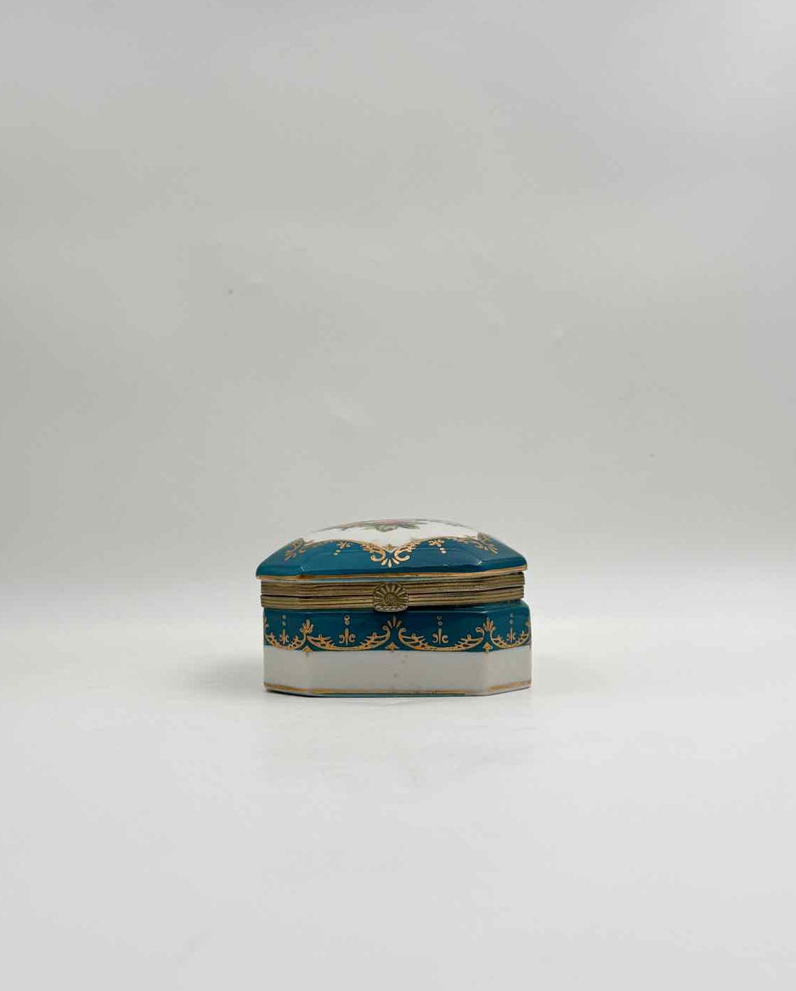 Vintage Octagonal Turquoise Floral Porcelain Trinket Box Gold Trim