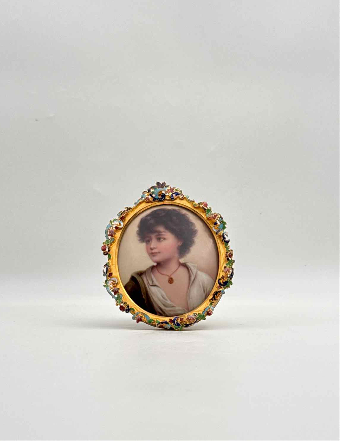 Antique Giovane Donna Porcelain Portrait Miniature Gilt Bronze Frame