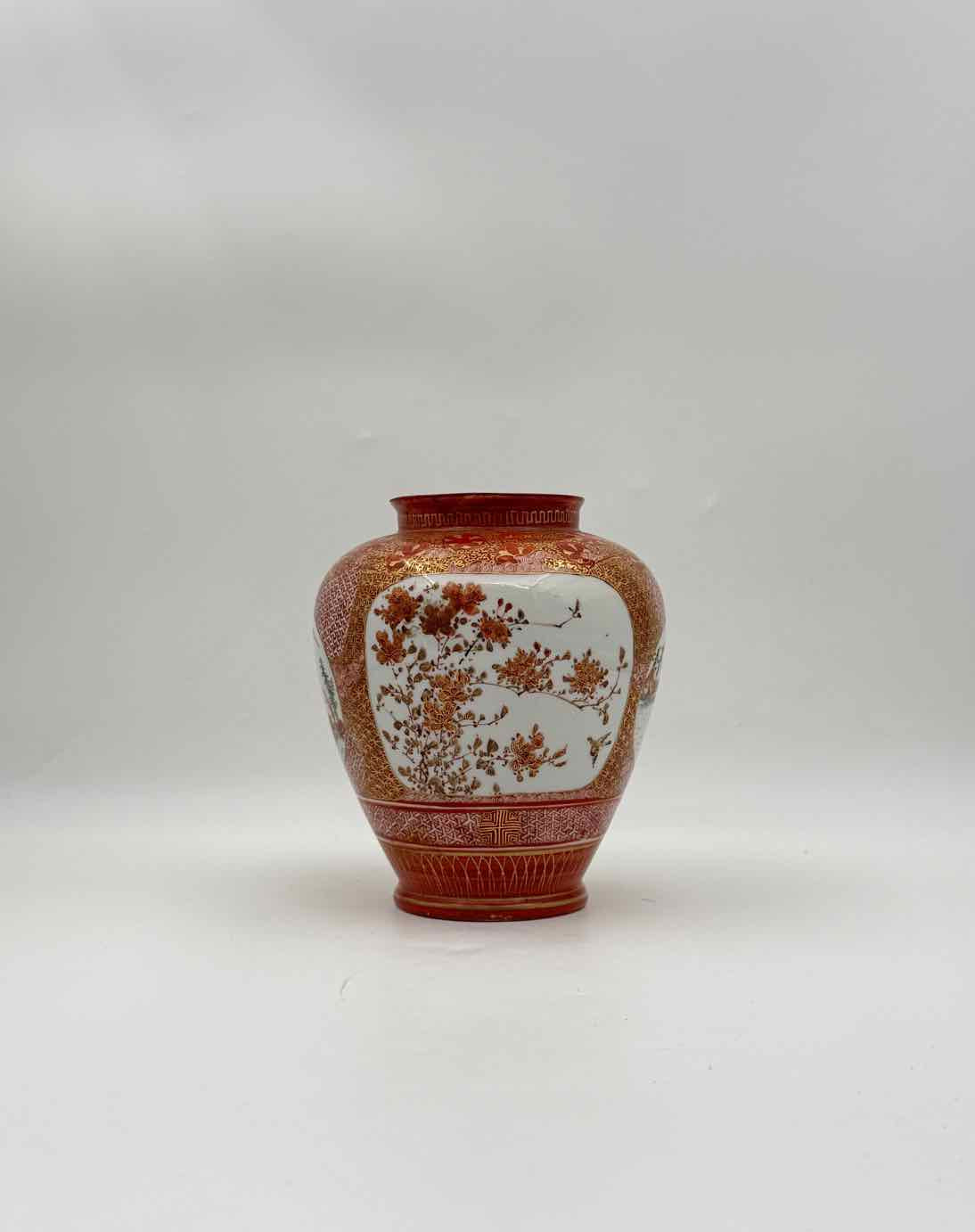 Vintage Chinese Red Gold Gilt Porcelain Vase Floral Landscape Panels