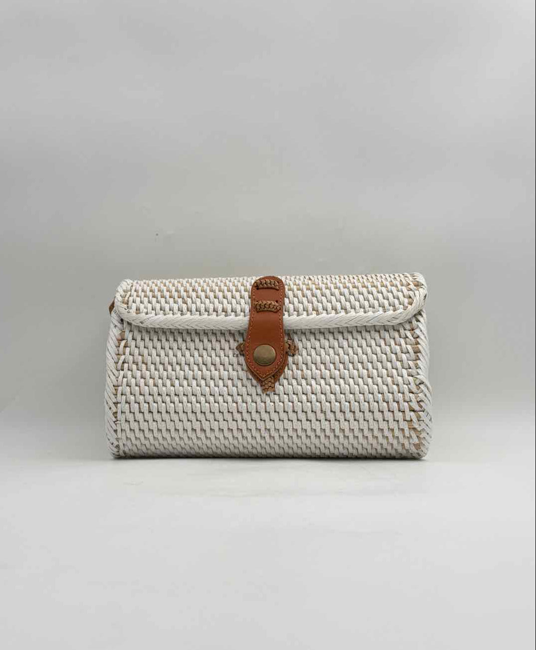 Whitewash Rattan Clutch Handbag Purse With Leather Strap Crossbody