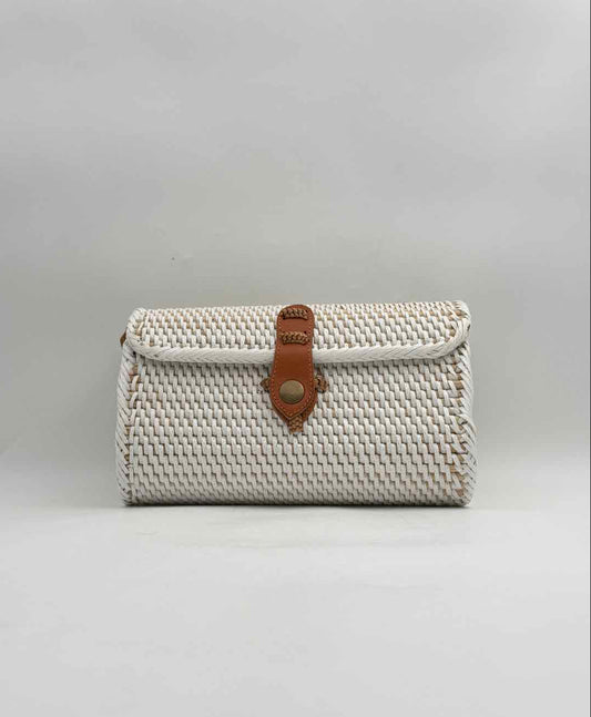 Whitewash Rattan Clutch Handbag Purse With Leather Strap Crossbody