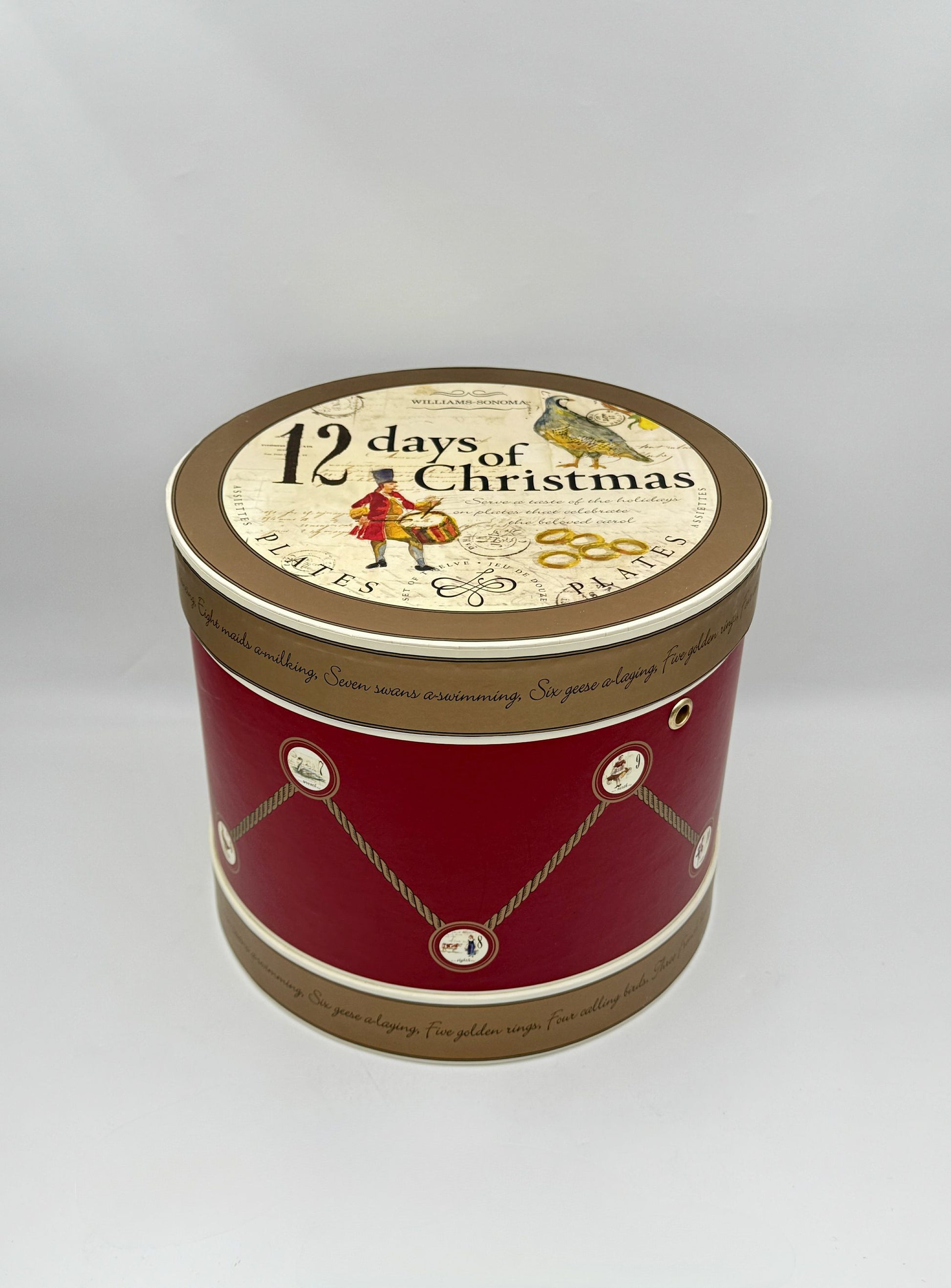 Williams Sonoma 12 Days of Christmas 12 Salad Plates in Drum Box Gifts