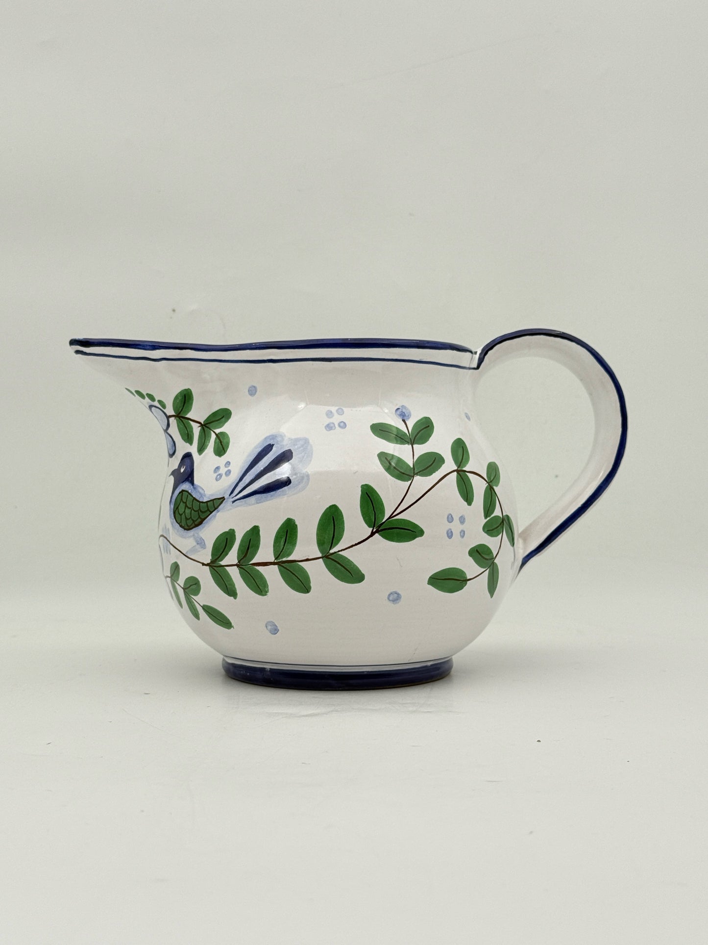 Deruta Italian Blue And White Bird Pitcher