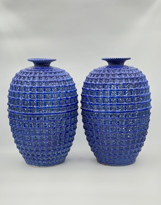 Pair of Chinese Woven Porcelain Vases with Silk Boxes