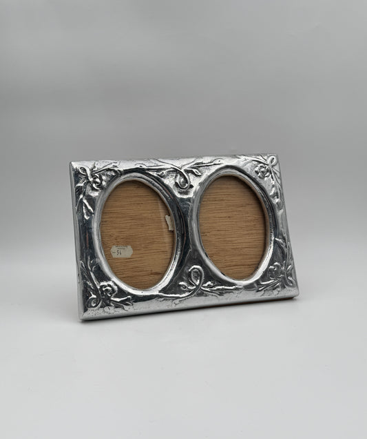 Double Oval Picture Frame – Pewter with Floral Motif – Wood Back