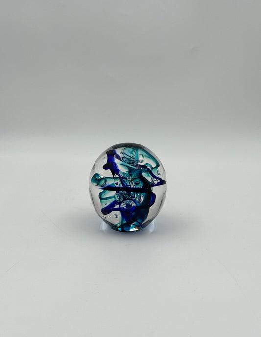 Signed Stephen 1997 Art Glass Paperweight – Blue & Turquoise Swirl