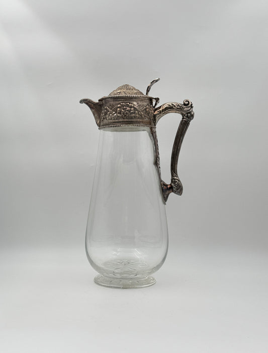 Antique Silverplate-Mounted Glass Carafe with Etched Floral Lid and Ornate Handle