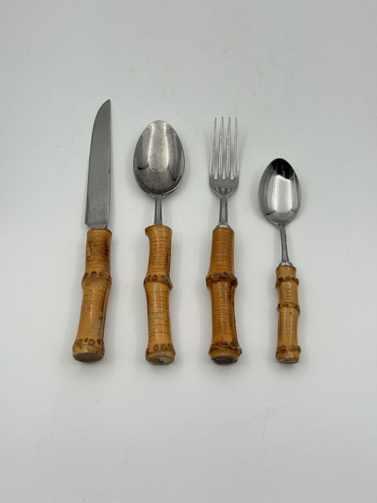 Rattan-Handled Stainless Steel Cutlery Set – 16 Pieces