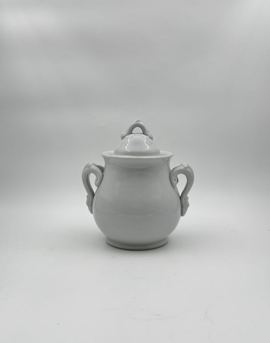 Antique White Ironstone Sugar Bowl with Ornate Double Handles and Lid