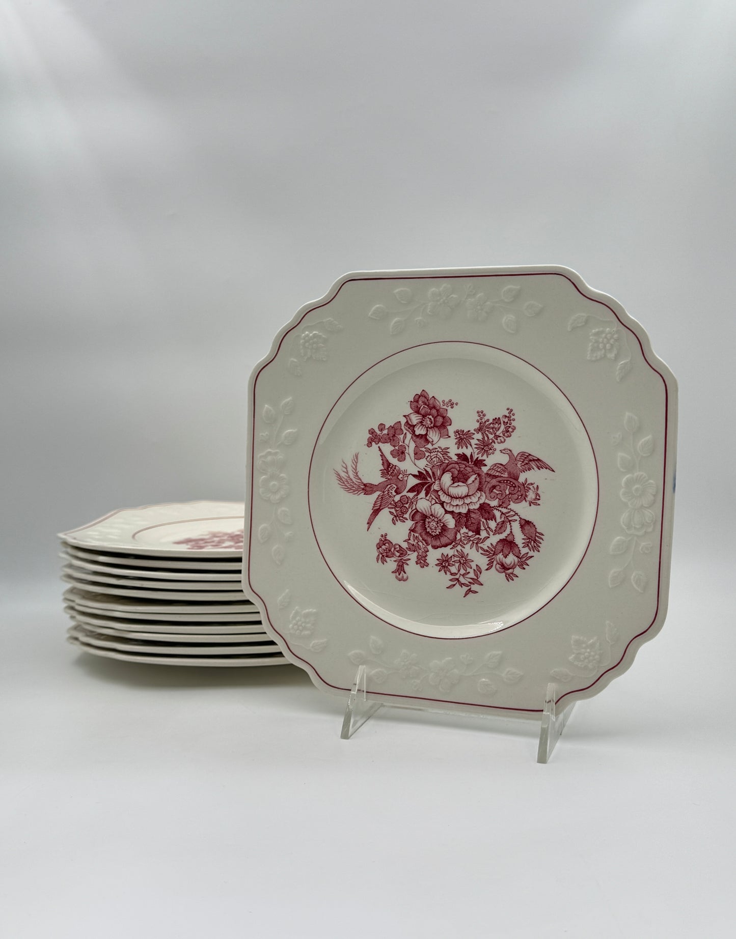 Wedgwood Red & White Transferware “Asiatic Pheasant” – Set of 12 Salad/Dessert Plates and 1 Cake Plate, c.1950