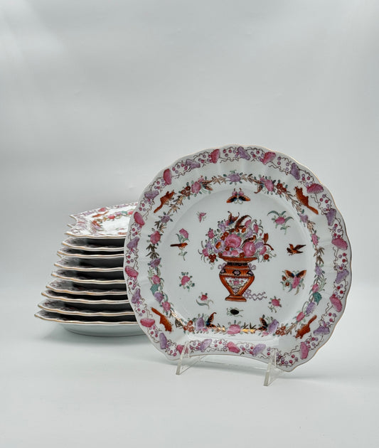 Set of 10 Chinese Ironstone Scalloped Plates – Floral Vase & Butterfly Pattern