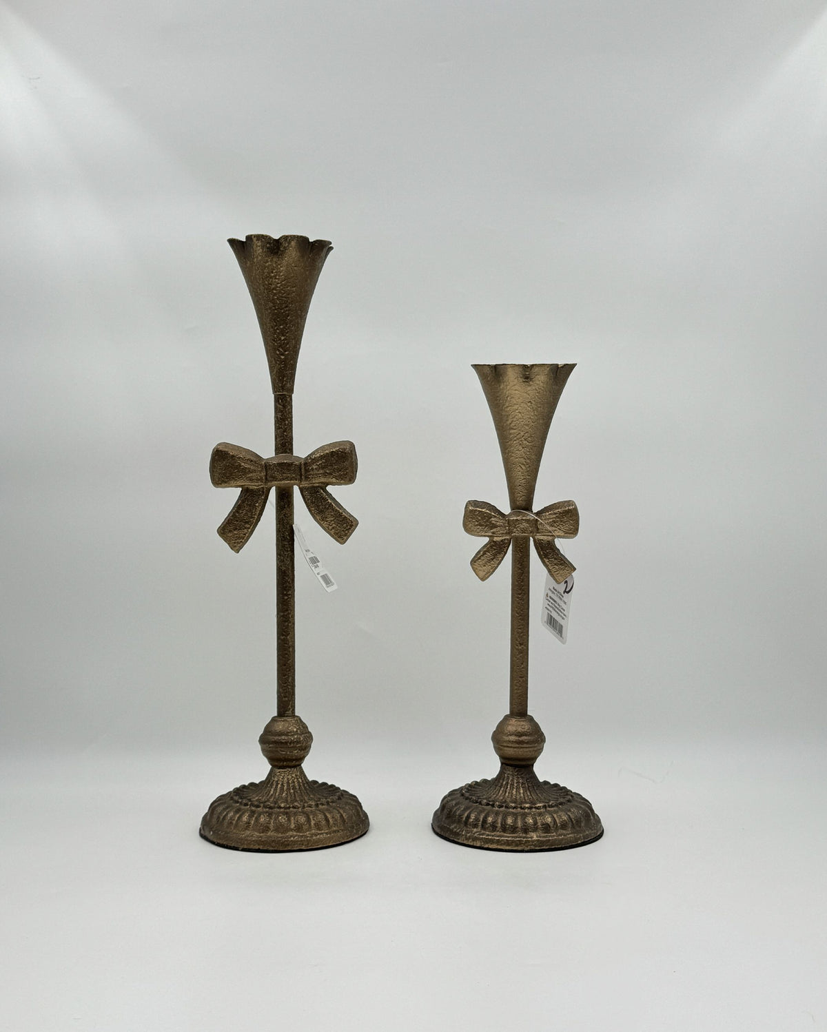 RAZ Imports Gold Fluted Bow Candlestick Holders – Set of 2 Iron Taper Holders