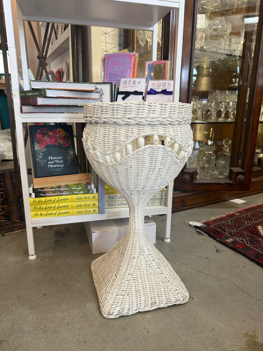 Vintage White Rattan Pedestal Planter With Bead Detailing