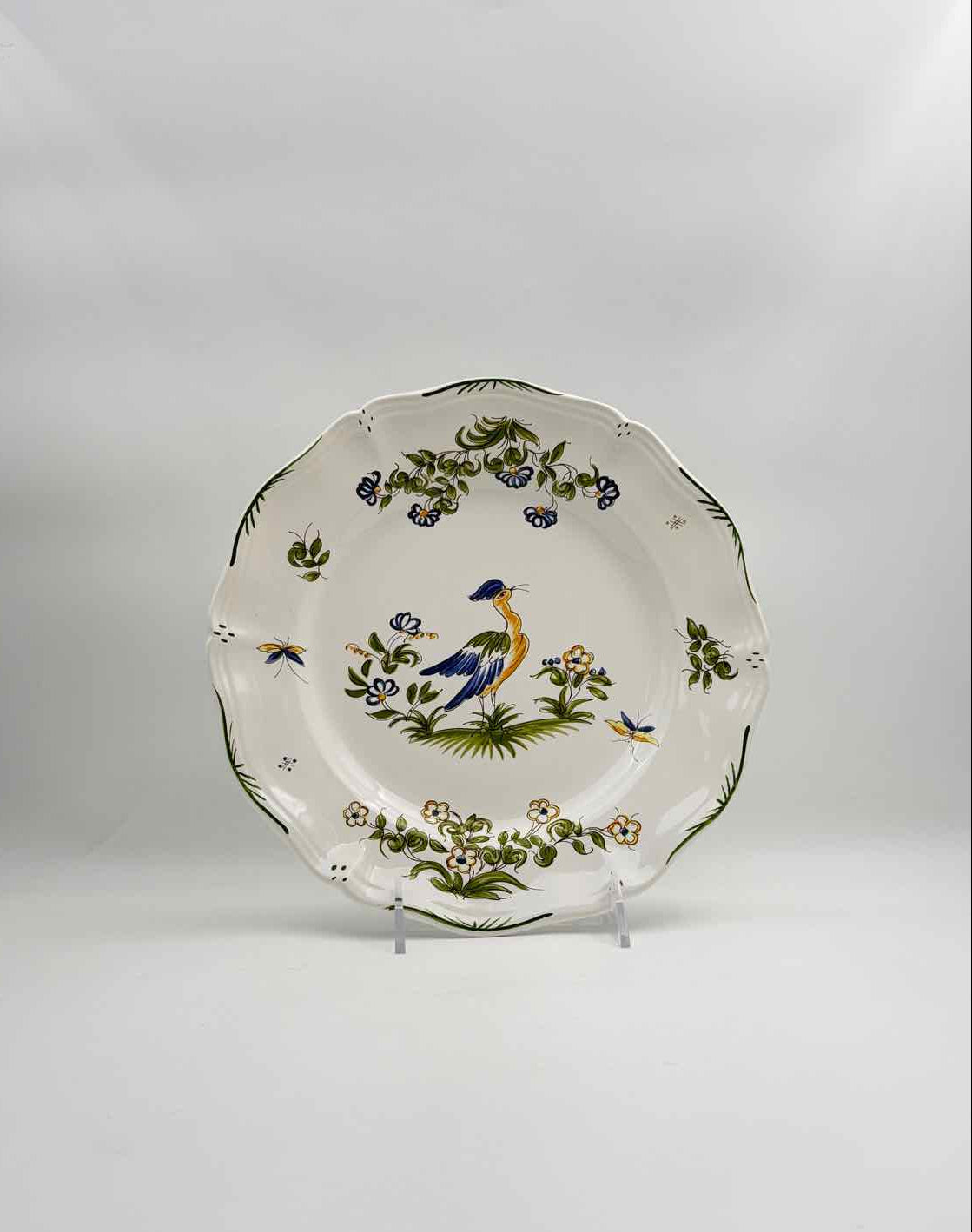Pair French Faience Peacock Bird Plates Moustiers France Decor