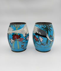Pair of Vintage Cloisonné Vases with Cranes and Floral Motif