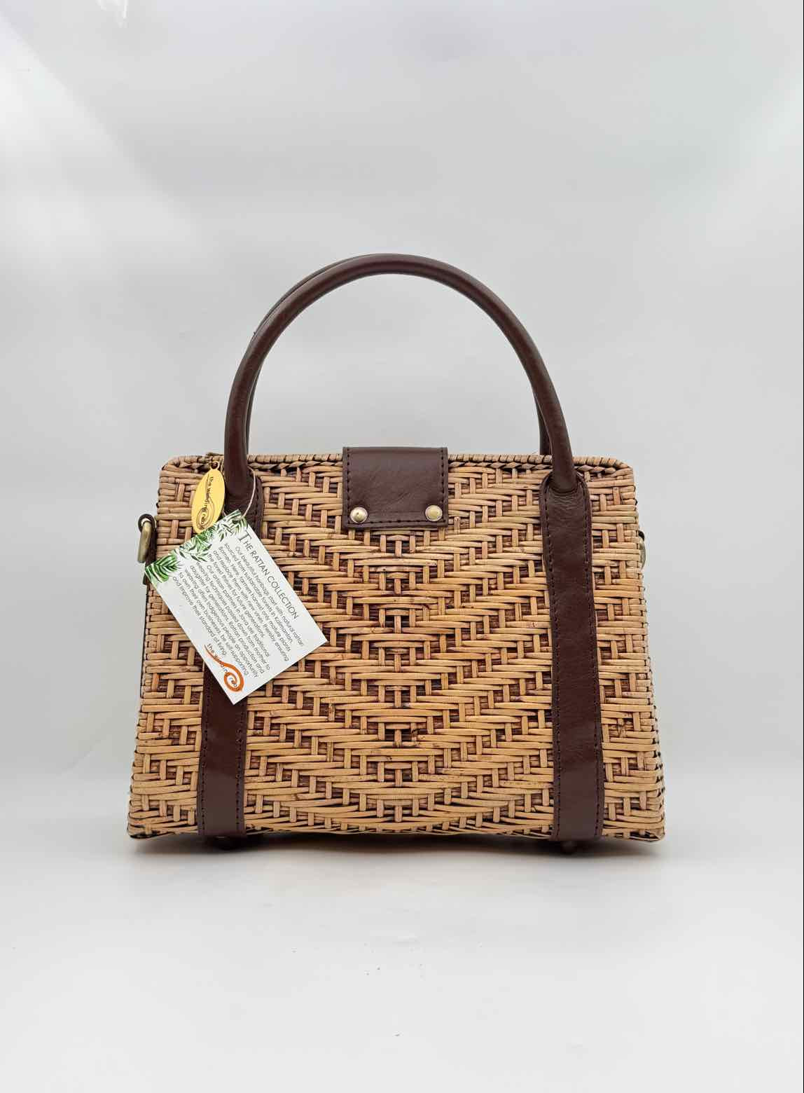 Ata Rattan Top Handle Shoulder Bag Leather Trim Woven Handbag Natural