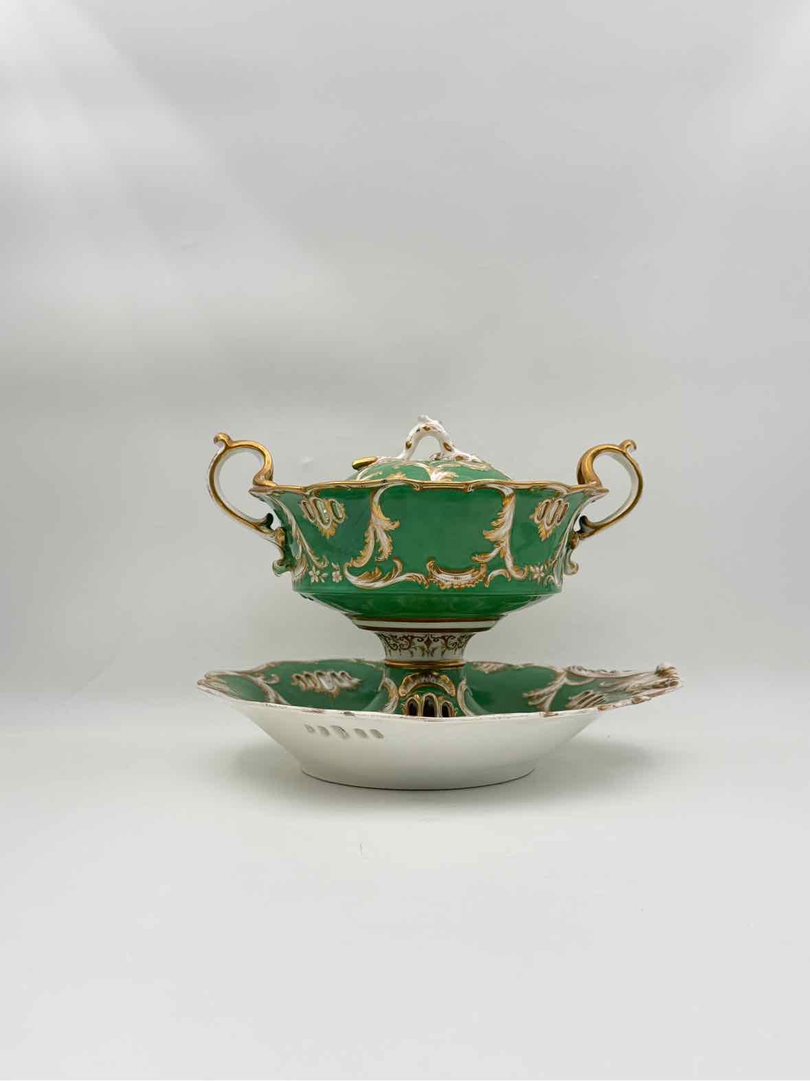 Antique Green Botanical Porcelain Tureen