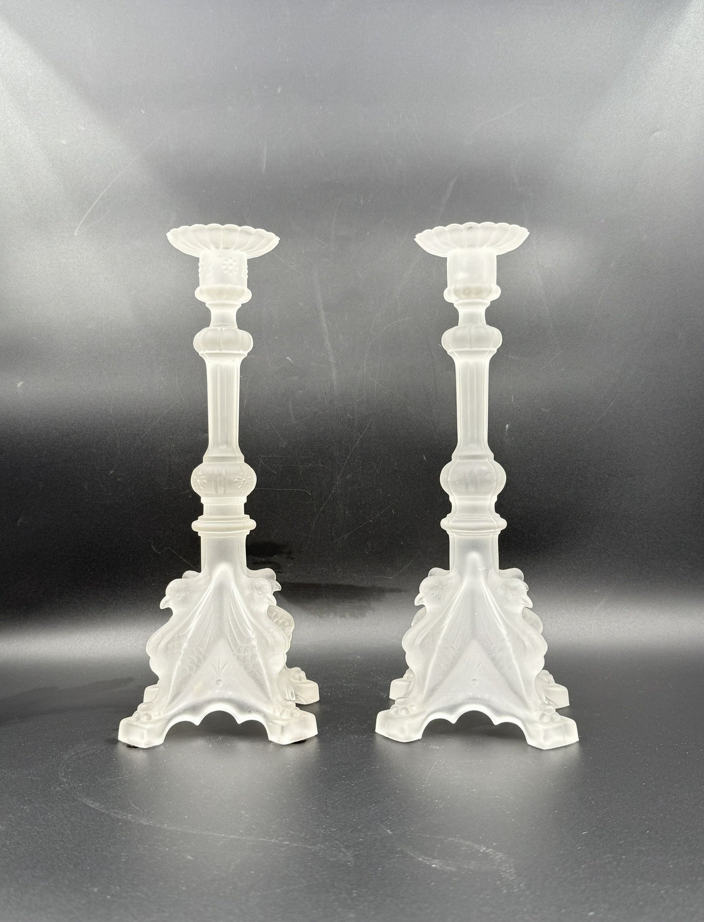 Pair Val St Lambert Frosted Glass Candlesticks Coquille Design