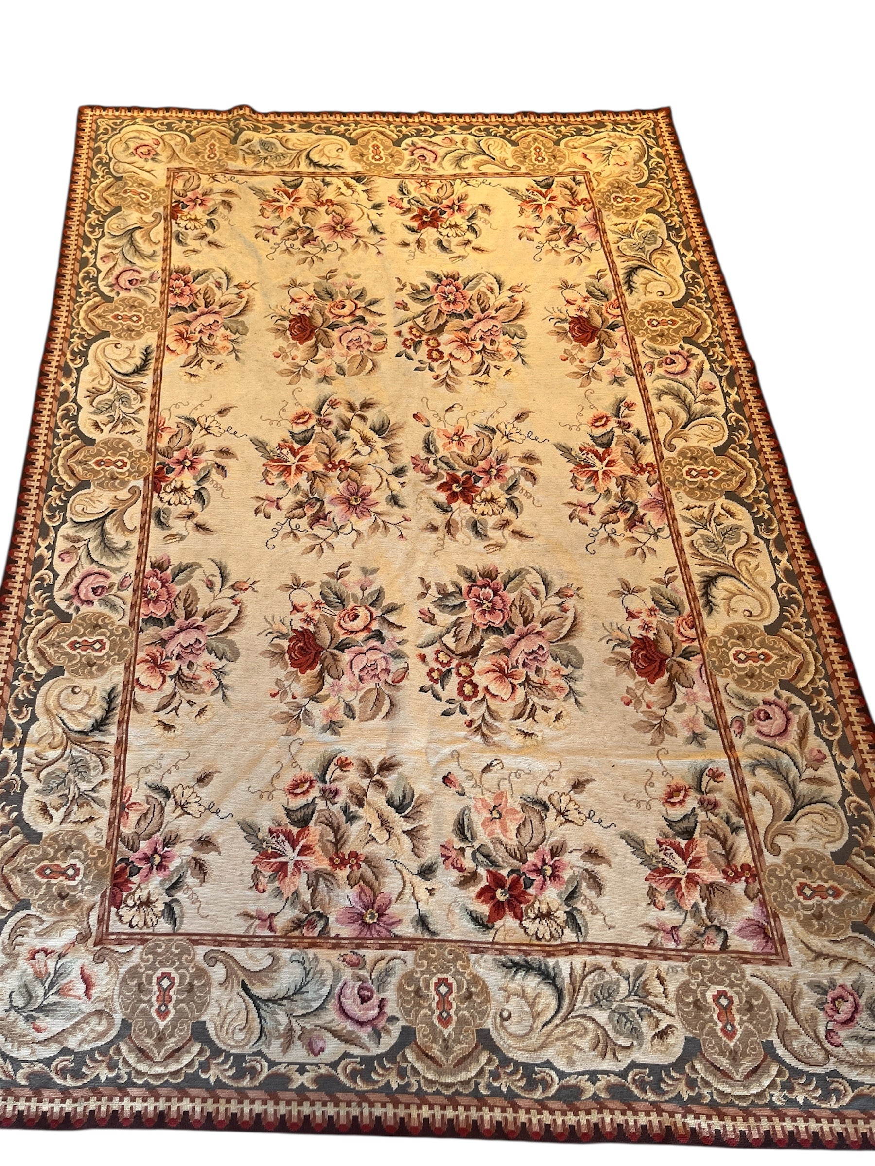  Handwoven Needlepoint Floral Area Rug Vintage Tapestry Style 