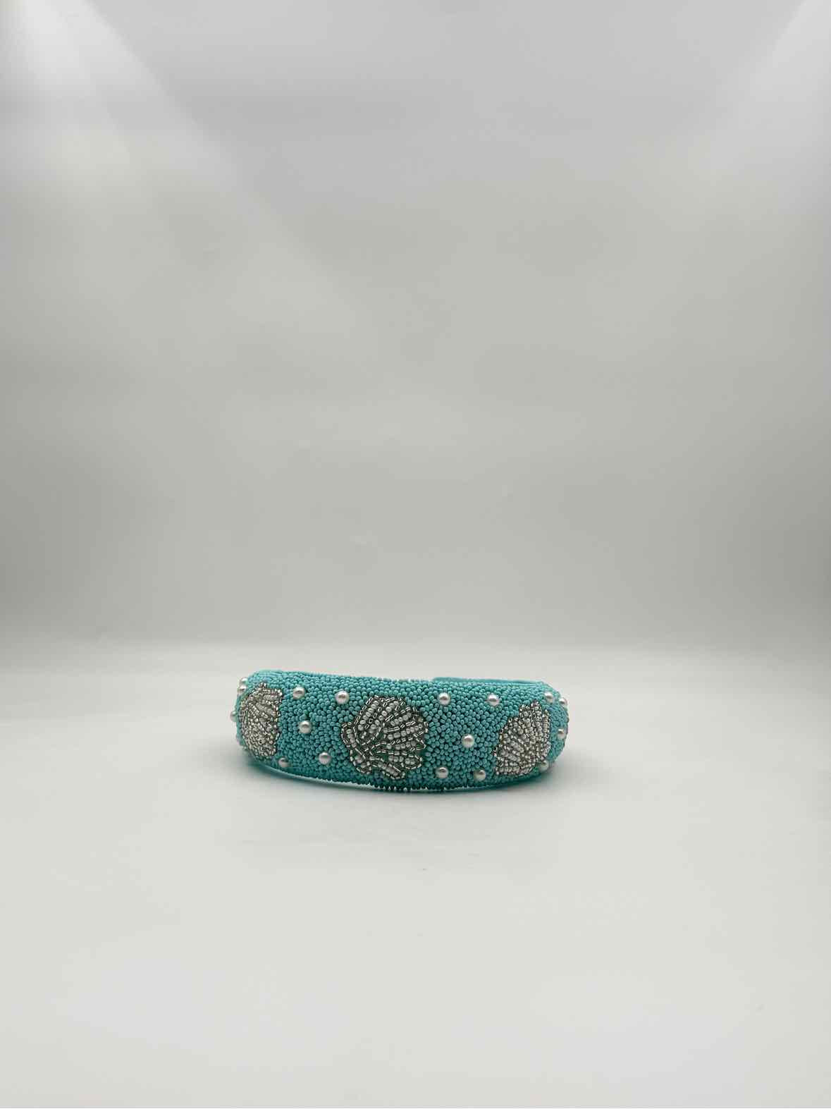 Coastal Blue Beaded Headband – Pearl & Silver Shell Motif