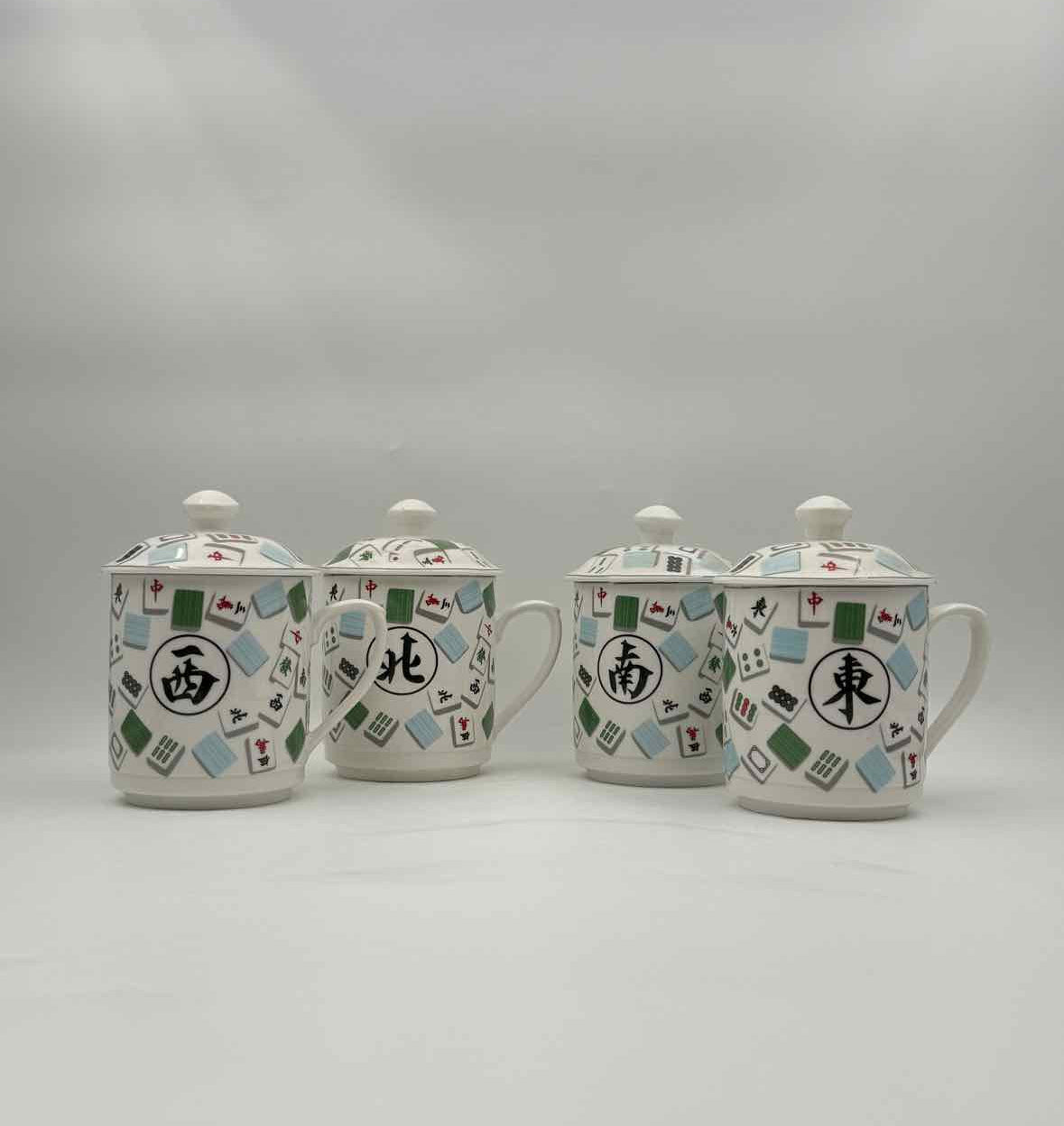 Bone China Mahjong Lidded Mugs – Set of 4 Collectible Tea Cups