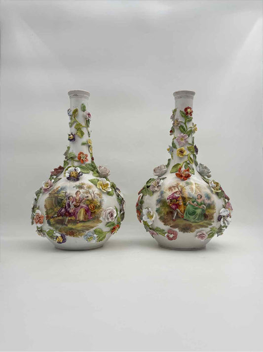 Antique 19th Century Meissen Inspired Floral Encrusted Handpainted Vases