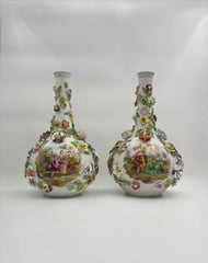 Pair of Continental Floral Encrusted Vases – Antique Meissen Style Hand Painted Porcelain