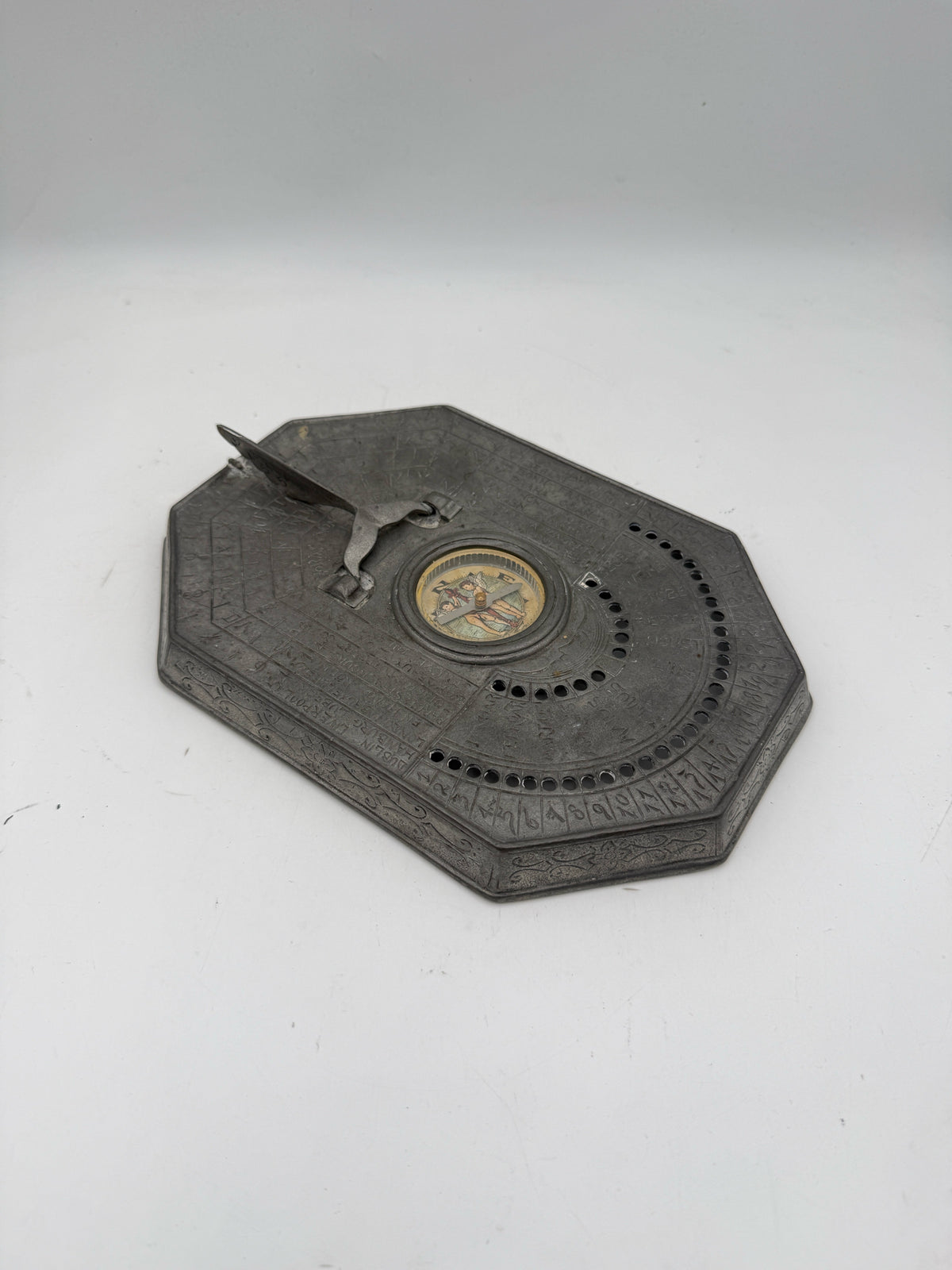 Vintage Pewter Sundial With Compass And Calendar Scales